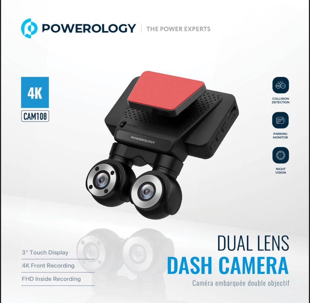 داش كام كاميرا للسيارات كاميرا Powerology Dash CAM108 مزدوجة العدسات – تصوير أمامي 4K وداخلي FHD