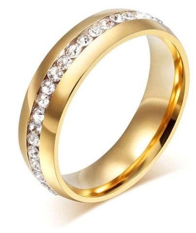 خاتم مرصع من فولاذ التيتانيوم لمناسبات الخطوبة والزواج ومزين بحجر الراين ذهبي