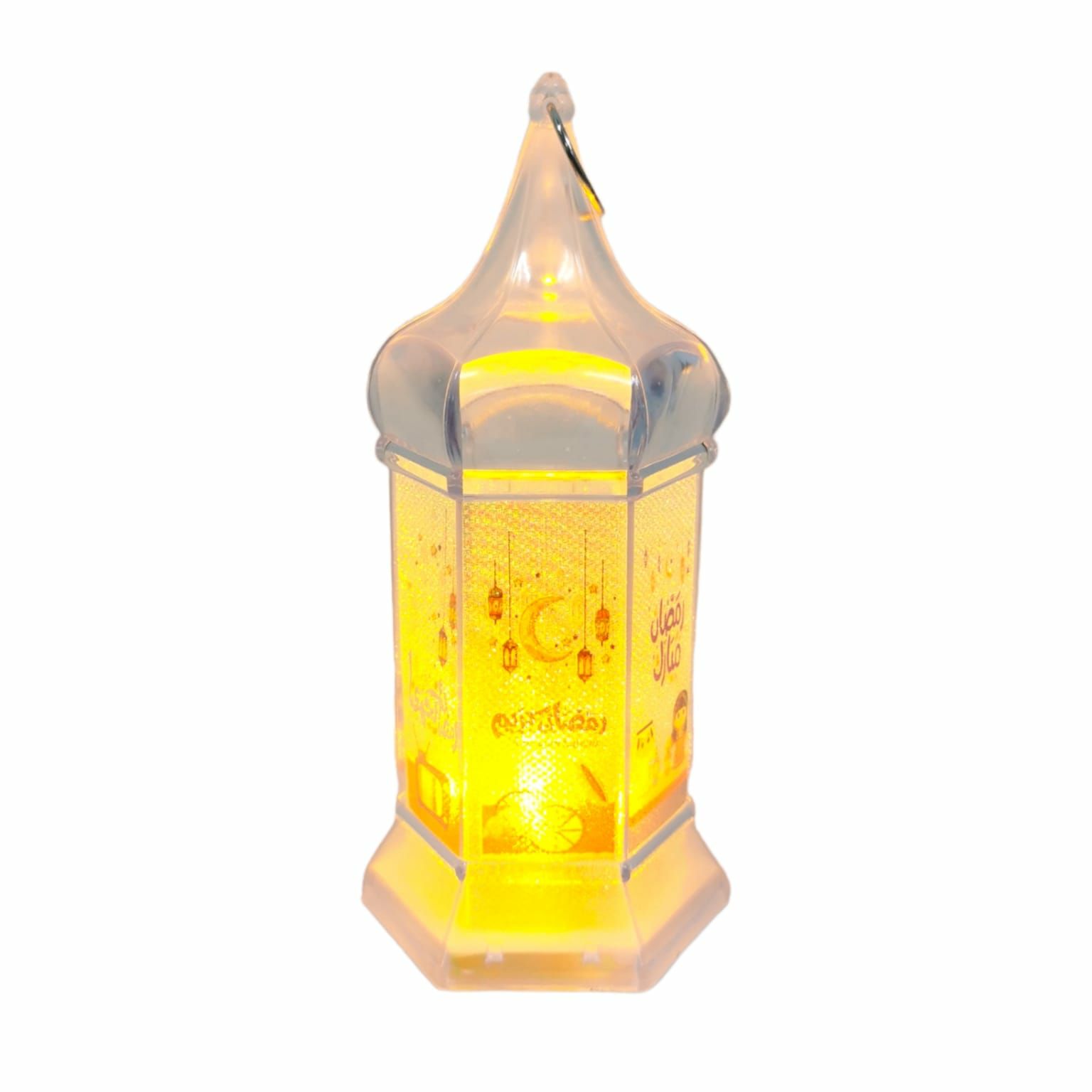 تعليقة زينة رمضان بلاستيك شفاف بأضائات led لون أصفر (رمضان كريم) الطول 15سم